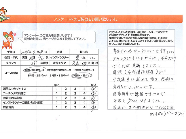 久喜市 40代女性 ペーパードライバー講習アンケート