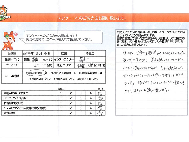 埼玉県朝霞市 40代女性 ペーパードライバー講習アンケート