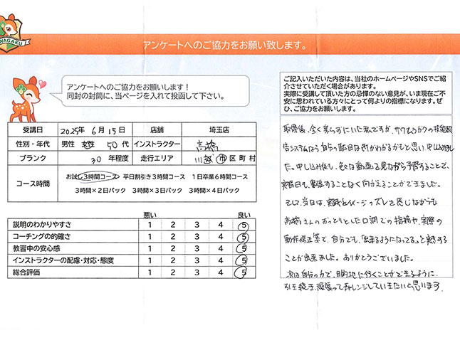 埼玉県川越市 50代女性 ペーパードライバー講習アンケート