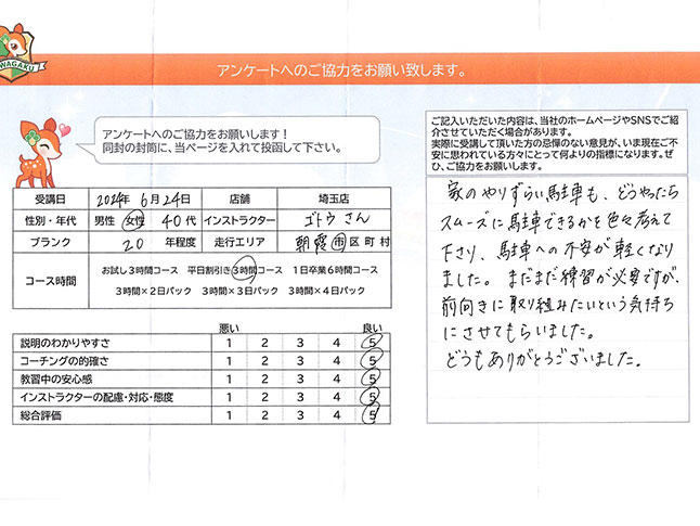 朝霞市 40代女性 ペーパードライバー講習アンケート