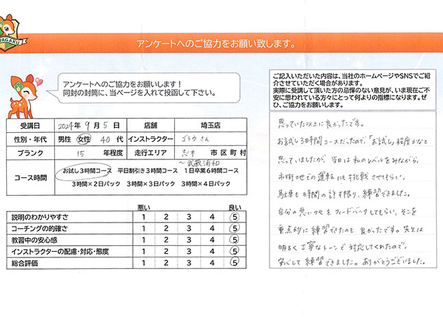 埼玉県志木市 40代女性 ペーパードライバー講習アンケート