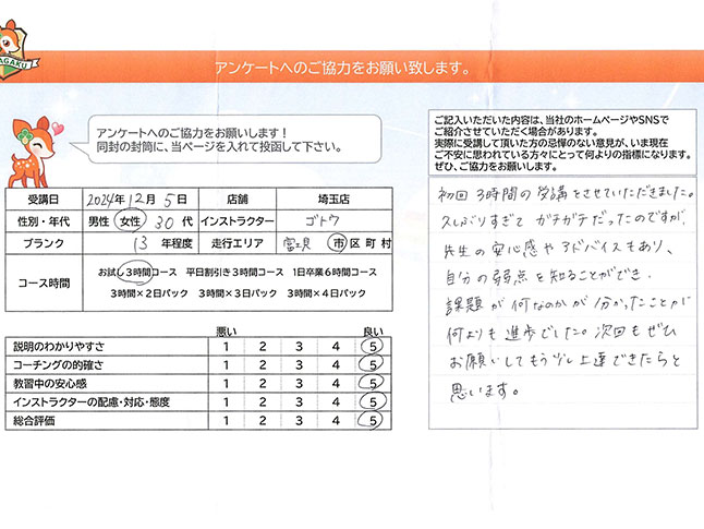 富士見市 30代女性 ペーパードライバー講習アンケート