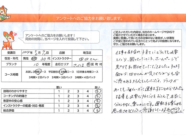 さいたま市緑区 30代女性 ペーパードライバー講習アンケート