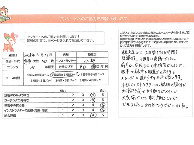 戸田市 40代男性 ペーパードライバー講習アンケート